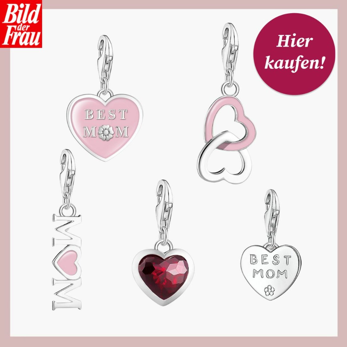 Fünf Muttertagscharms, darunter Herzen und Schrift, präsentiert mit "Bild der Frau"-Logo | © Thomas Sabo