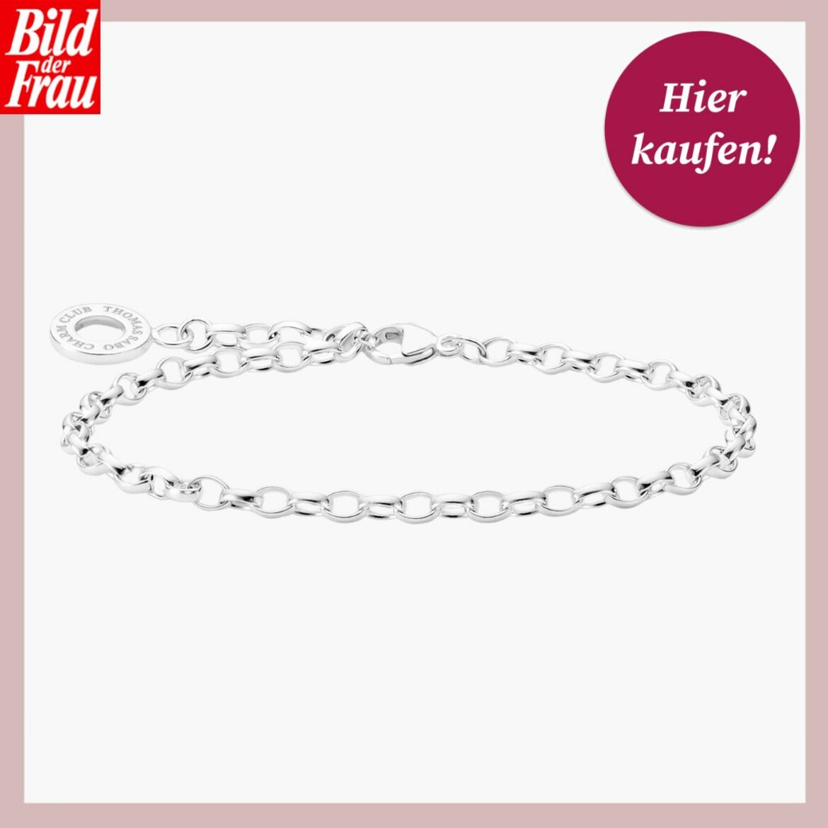 Zartes, silbernes Kettengliederarmband mit "Bild der Frau"-Logo und rotem Kaufhinweis. | © Thomas Sabo