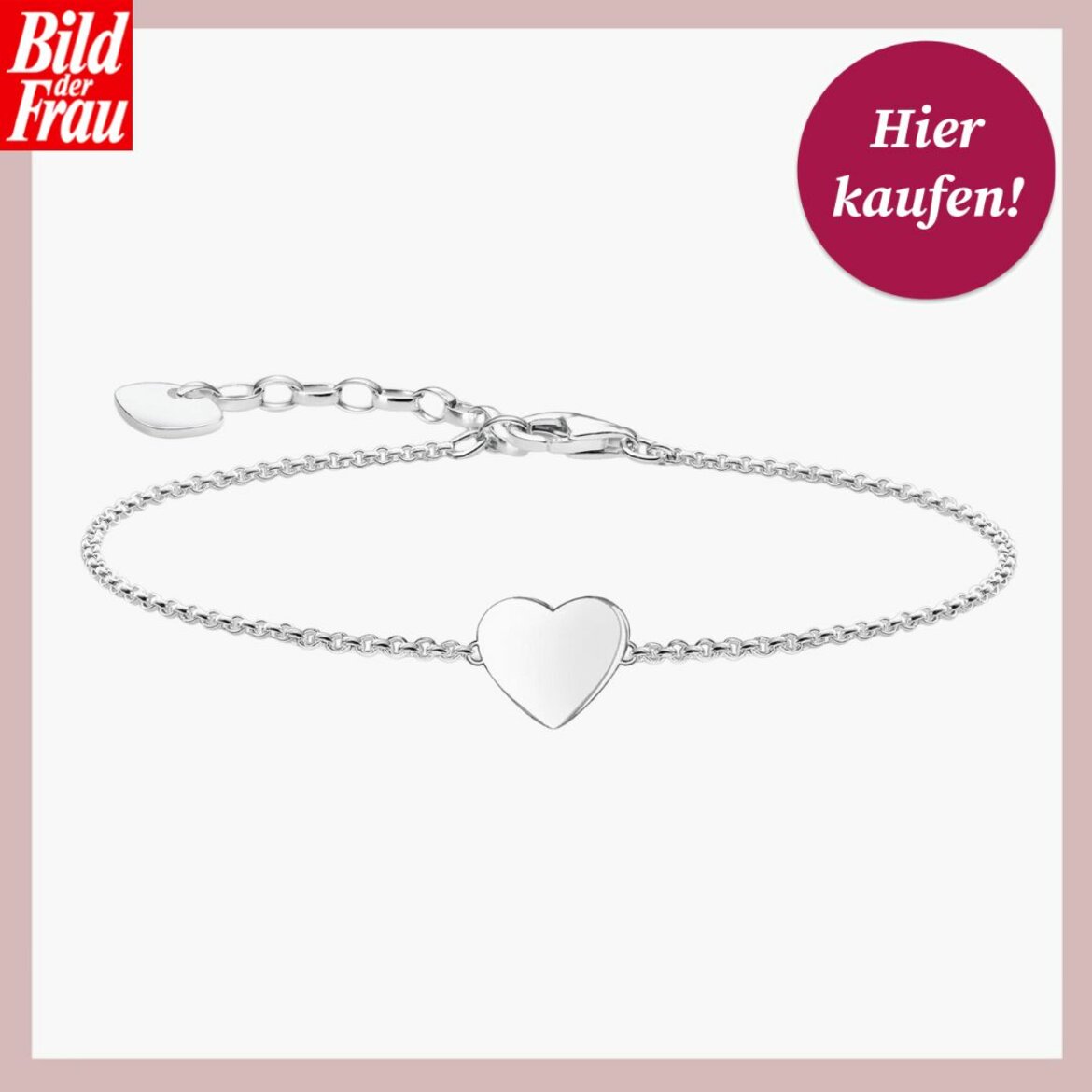 Feines silbernes Herzchen-Armband, umrahmt von "Bild der Frau"-Logo und einem roten Einkaufsknopf. | © Thomas Sabo