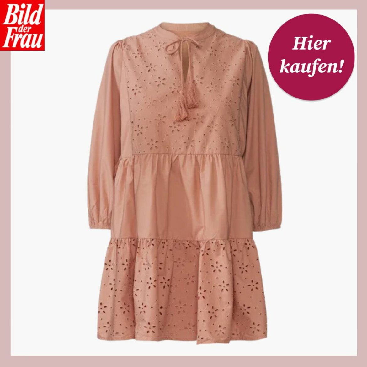 Shopping-Vorlage eines Rosa Kleid mit Rüschen und Lochstickerei von "BILD der FRAU" | © Lidl