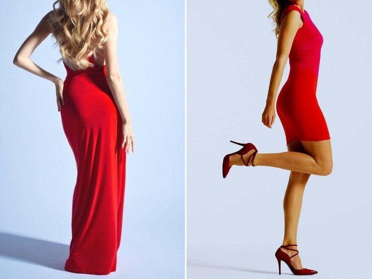 Collage mit zwei Fotos von Frauen in roten Kleidern. Auf dem linken Bild trägt die Frau ein langes, elegantes rotes Kleid und ist von hinten zu sehen. Auf dem rechten Bild trägt die Frau ein kurzes, eng anliegendes rotes Kleid und steht seitlich