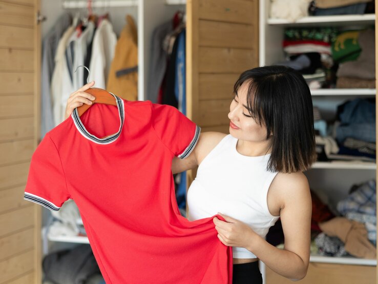 Frau, die ein rotes Oberteil in der Hand hält und es betrachtet. Im Hintergrund ist ein offener Kleiderschrank mit verschiedenen Kleidungsstücken zu sehen.