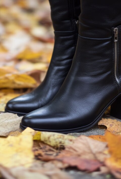 Schwarze Stiefeletten mit Absatz und Zipper auf gefallenen gelben und braunen Blättern im Herbst.