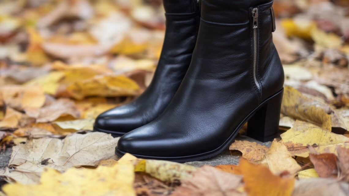 Schwarze Stiefeletten mit Absatz und Zipper auf gefallenen gelben und braunen Blättern im Herbst.