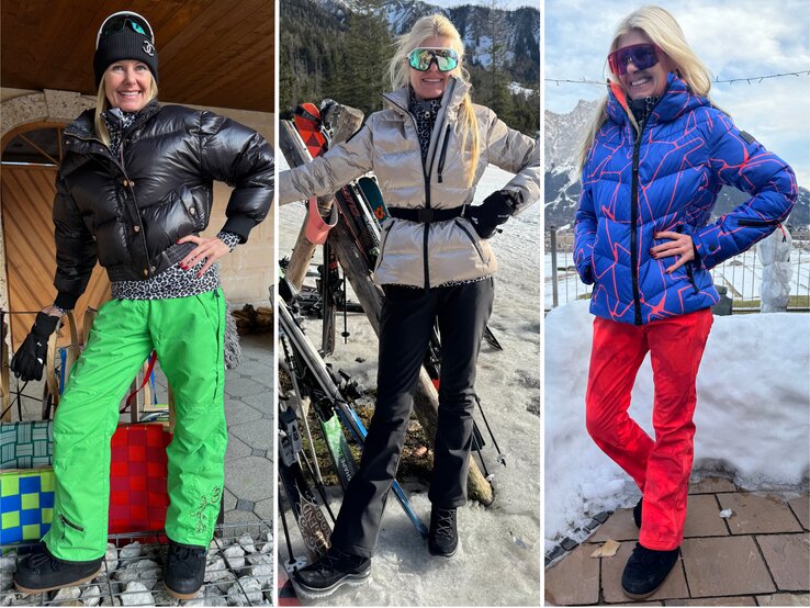 Renate Zott 3 Ski-Outfit Trends | © Renate Zott Renate Zott in drei Winteroutfits posiert selbstbewusst: einmal vor Holztür, einmal mit Skiern im Schnee, einmal auf einer Terrasse. | © Renate Zott