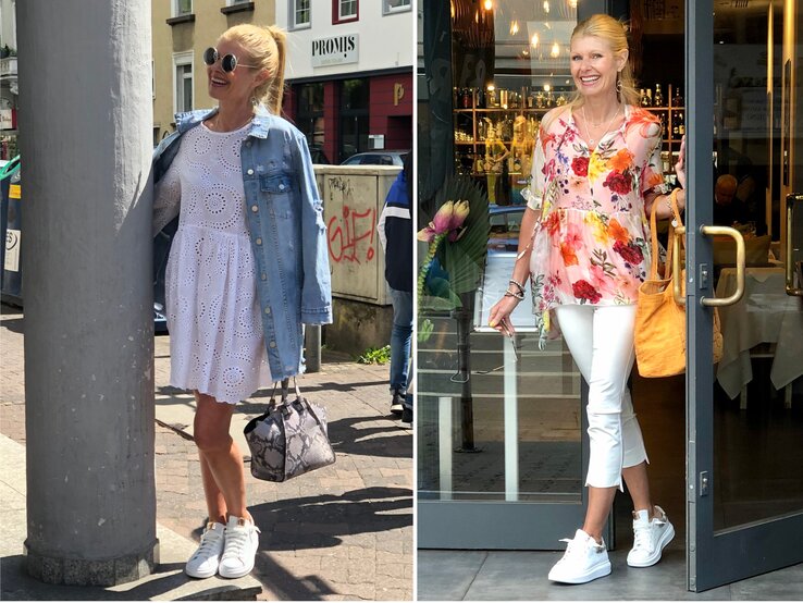 Collage: Zwei sommerliche Outfits im Stadtbild: links verspielt mit Lochspitze, rechts blumig-elegant – beide kombiniert mit Sneakers.