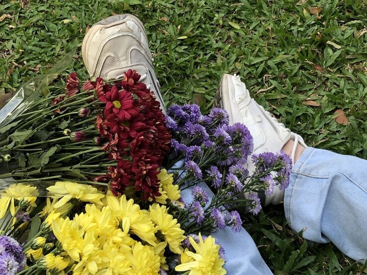 Auf grünem Rasen im Garten ruhen Beine in Jeans mit Sneakers, davor bunte Stauden in Rot, Gelb und Violett kunstvoll arrangiert.