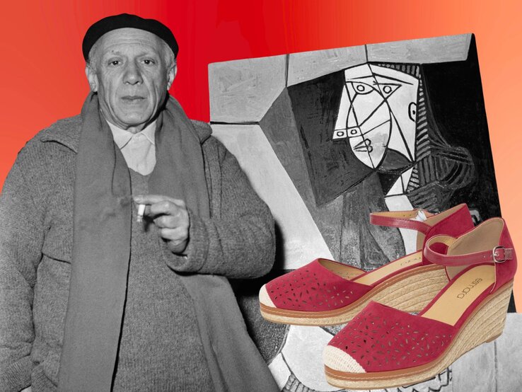 Künstler Pablo Picasso mit ernster Miene vor kubistischem Porträt, daneben modern montierte rote Sandalen von Lidl auf Farbverlauf.