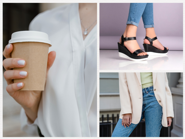 Junge Frau in weißer Wickelbluse hält Pappbecher Kaffee, trägt dezenten Nagellack und silberne Kette mit Anhänger.