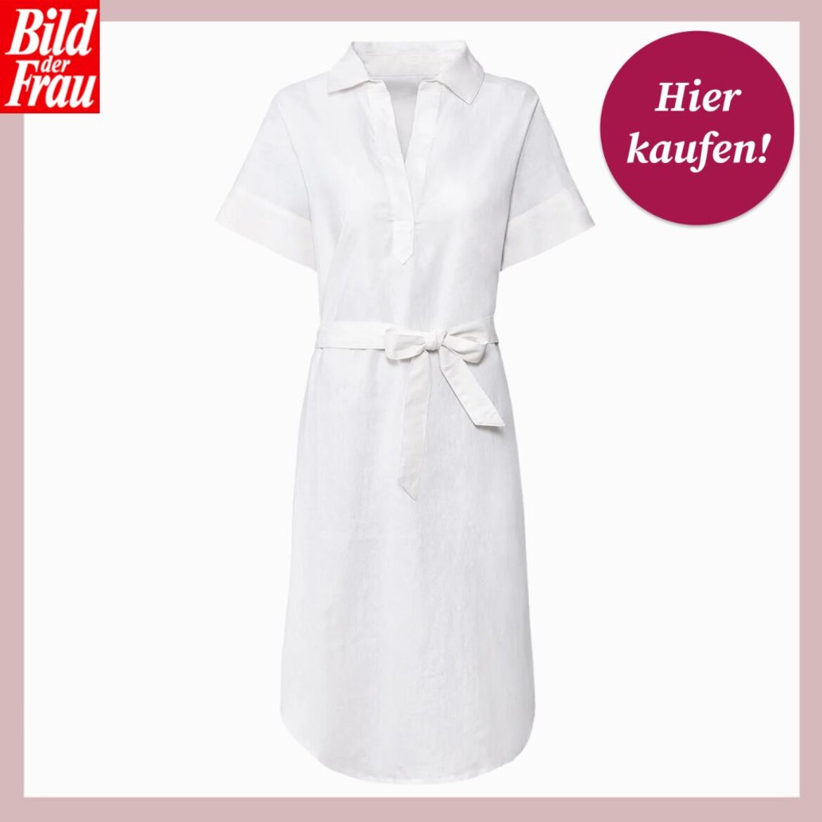 Leicht tailliertes Leinenkleid in Weiß mit kurzen Ärmeln, Bindegürtel und offenem Kragen, freigestellt fotografiert. | © Lidl/ Collage: bildderfrau.de