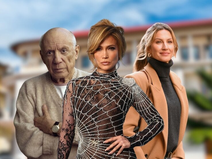 Collage: Pablo Picasso, Jennifer Lopez und Gisele Bündchen vor einem verschwommenen Bild einer spanischen Stadt - passend zu Espadrilles Sandalen.