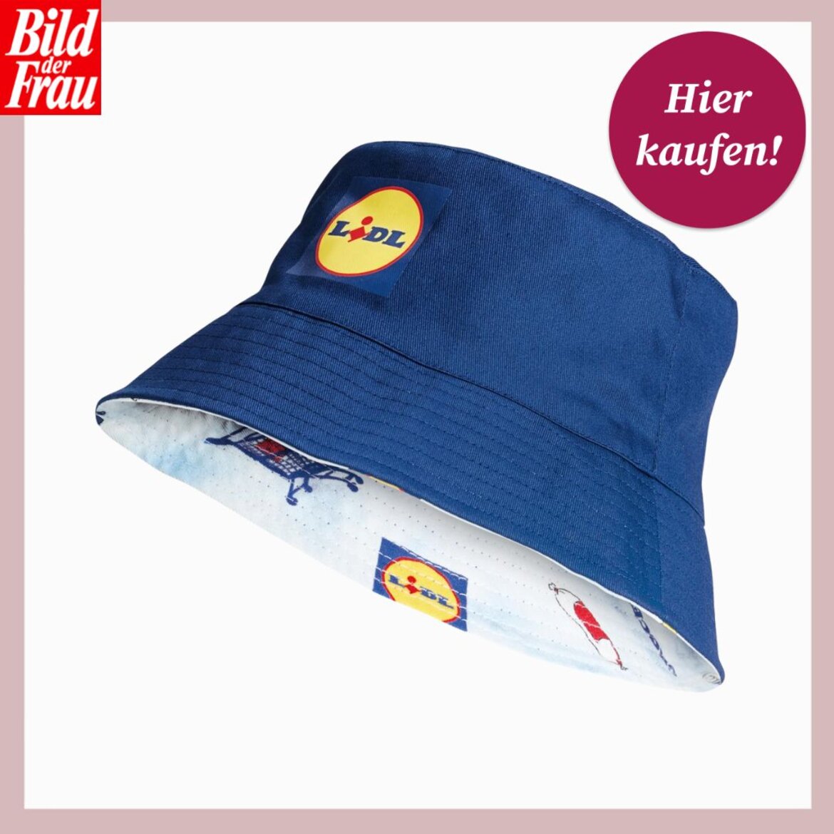 Blauer Fischerhut mit Lidl-Logo auf der Vorderseite und gemustertem Innenfutter mit Einkaufswagen und Logos. | © Collage: bildderfrau.de/ Lidl