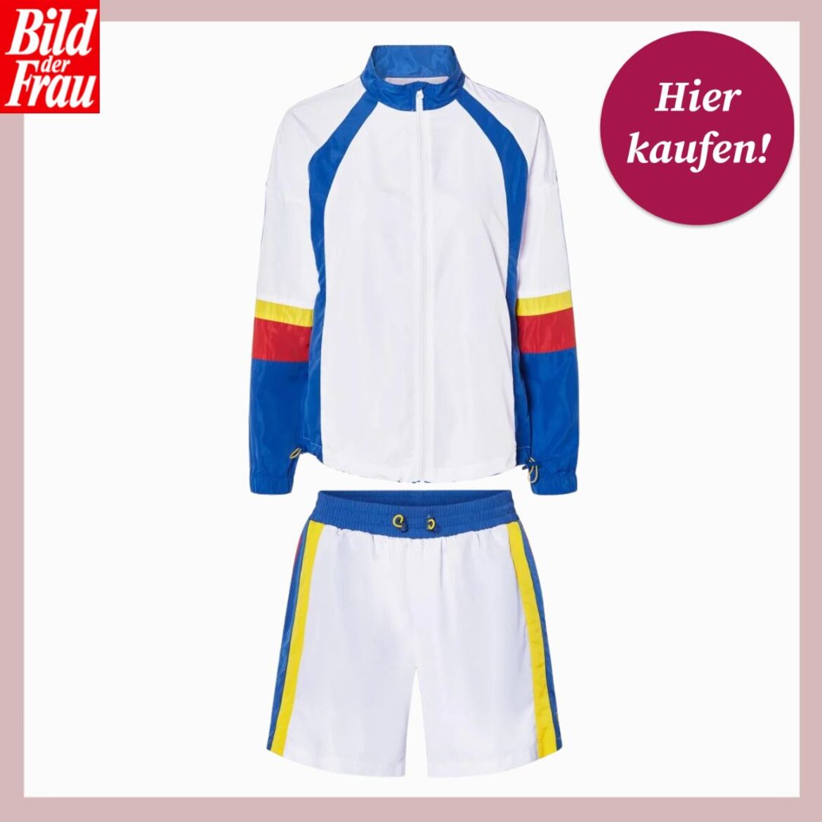 Sportliches Set aus weißer Jacke mit Reißverschluss und Shorts, akzentuiert mit Blau, Rot und Gelb an Ärmeln und Seiten. | © Collage: bildderfrau.de/ Lidl