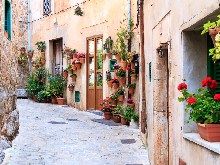Mediterrane Altstadtgasse auf Mallorca mit hellen Fassaden, grünen Fensterläden und zahllosen blühenden Pflanzen in Tontöpfen.