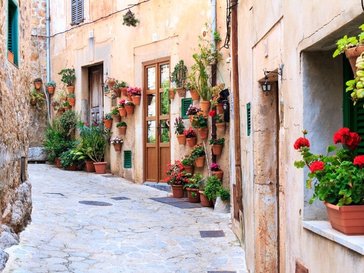 Mediterrane Altstadtgasse auf Mallorca mit hellen Fassaden, grünen Fensterläden und zahllosen blühenden Pflanzen in Tontöpfen.
