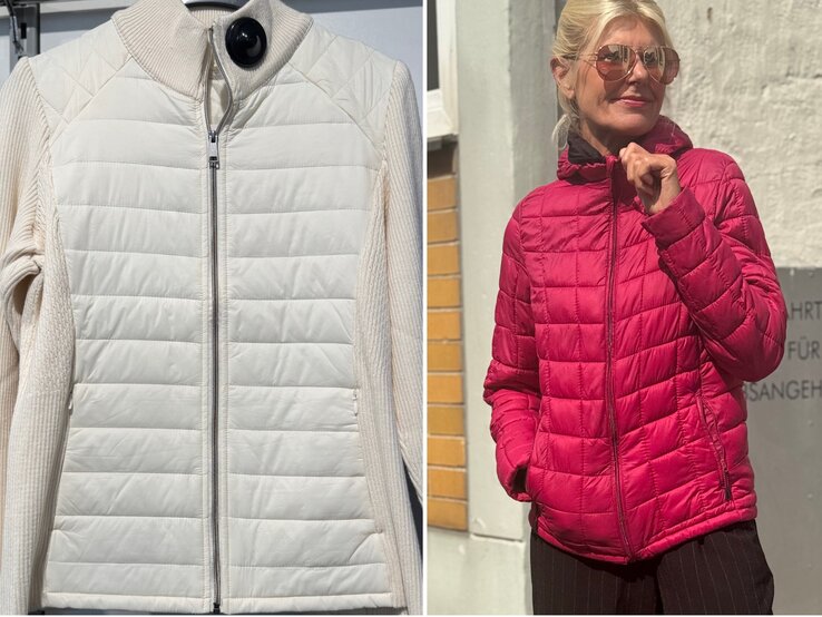 Zu sehen ist eine Collage. Auf der einen Seite ist eine beige Jacke und auf der rechten Seite Renate Zott in pink. | © Renate Zott
