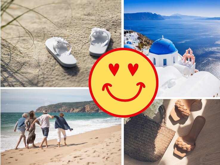 Collage mit Sandalen im Sand, Santorini-Kulisse, lachenden Menschen am Strand, Sommerschuhen und einem Smiley mit Herzaugen.
