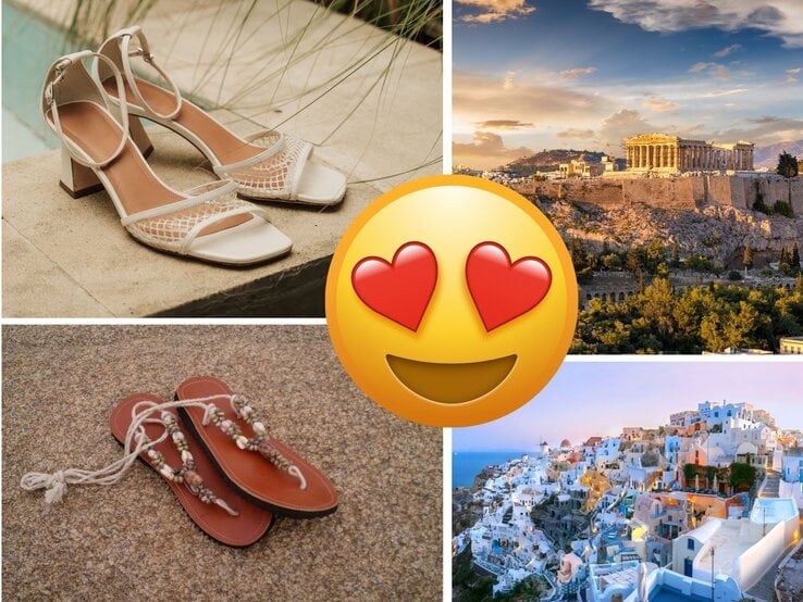 Collage mit weißen Sandaletten, antikem Parthenon bei Sonnenuntergang, Santorini-Häusern und einem Smiley mit Herzaugen.