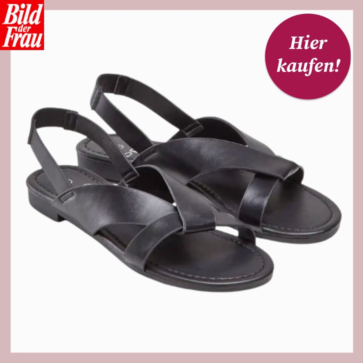 Schwarze Sandalen mit elegant überkreuzten Riemen und flacher Sohle vor weißem Hintergrund, betont durch den Hinweis "Hier kaufen!". | © Collage: bildderfrau.de; Canva