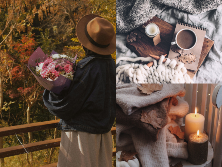  Frau im Strickkleid von Lidl  mit Blumenstrauß vor Herbstwald, daneben Decken, Kerzen, Kaffee und Notizbuch auf kuschelig dekorierten Flächen.
