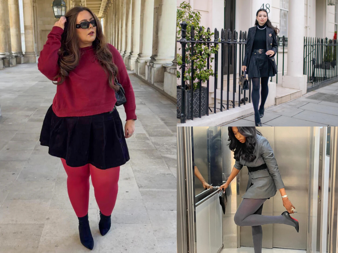 Drei modebewusste Frauen in kurzen Röcken und Strumpfhosen posieren stilvoll in Stadt- und Innenraumkulissen. | © Canva/Snag Tights/Collage:bildderfrau.de