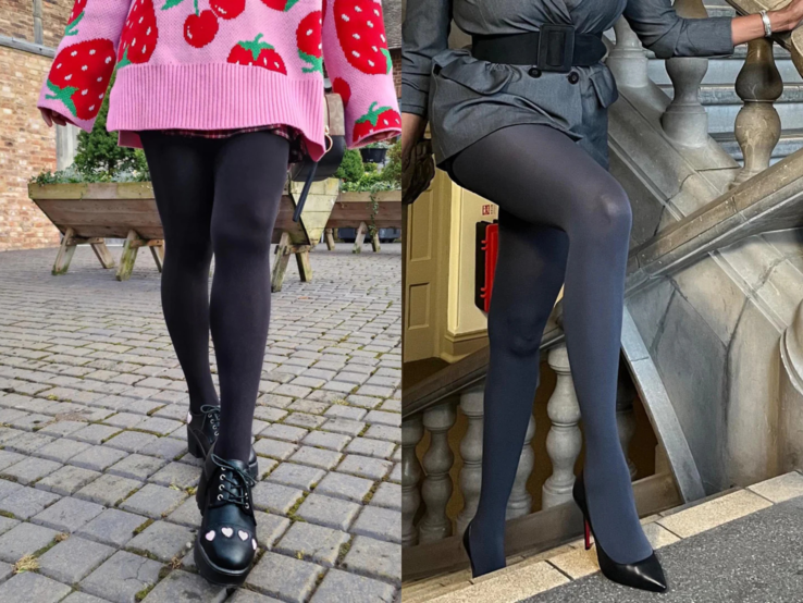 Zwei Frauen in schwarzen Strumpfhosen, links verspielt mit Erdbeerpulli und Boots, rechts elegant im Blazer mit Gürtel und High Heels.
