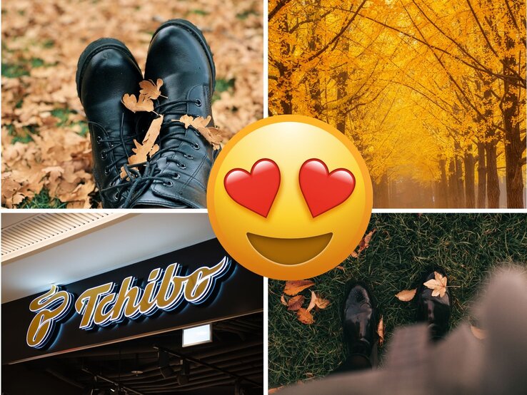 Collage mit schwarzen Schuhen auf Laub, goldener Baumallee im Herbst, Tchibo-Logo im Geschäft und glänzenden Schuhen auf Gras.