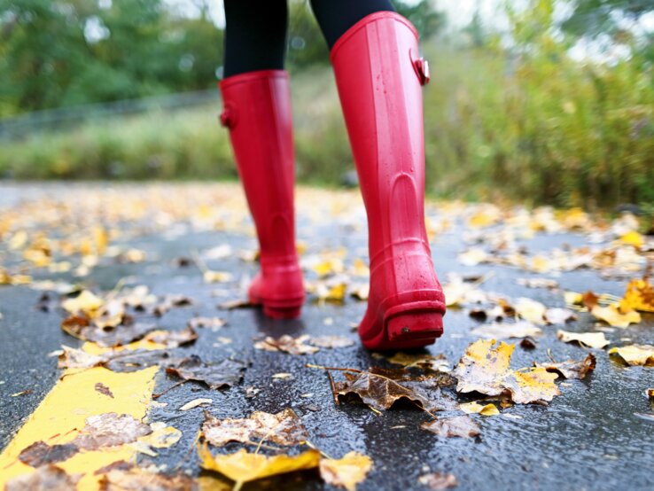 Rote Gummistiefel treten auf einen nassen Asphaltweg, bedeckt mit bunten Herbstblättern, umgeben von grüner Vegetation.
