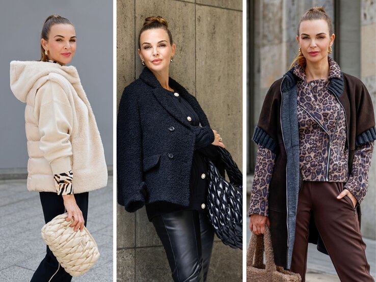 Drei stilvoll gekleidete Frauen tragen Wintermode: cremefarbene Jacke, schwarzes Wollensemble und braunes Animalprint-Outfit vor urbanem Hintergrund.