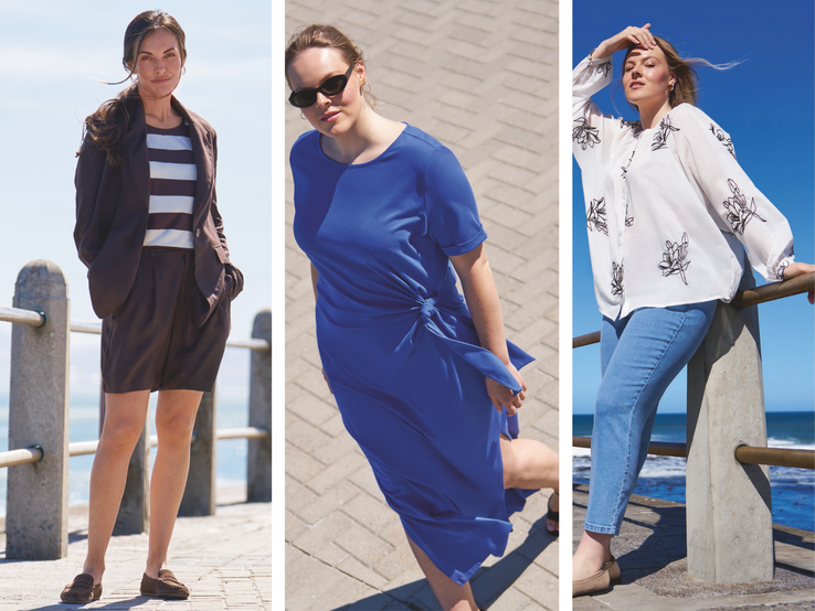 Drei Frauen in unterschiedlichen Outfits: Blazer mit Shorts am Meer, fließendes Kleid auf Pflaster, Bluse und Jeans an einer Promenade.