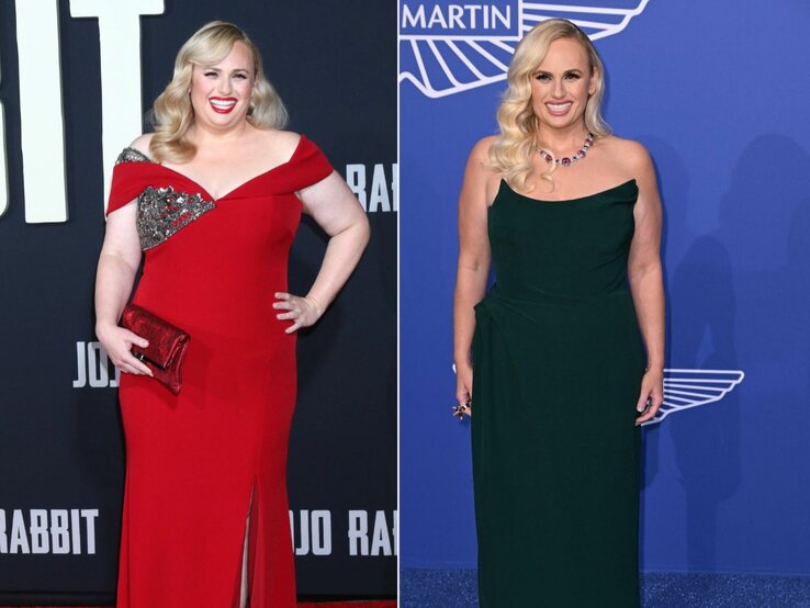 Das Vorher-Nachher-Bild zeigt zwei Aufnahmen von Rebel Wilson in Abendkleidern bei verschiedenen Veranstaltungen. Auf dem linken Bild trägt sie ein rotes Kleid mit einer schulterfreien Silhouette und einem verzierten Akzent, während sie auf dem rechten Bild in einem eleganten dunkelgrünen Kleid mit einer schulterfreien Silhouette zu sehen ist. Sie scheint bei beiden Anlässen glücklich und selbstbewusst zu sein, mit einem strahlenden Lächeln.  Auf dem linken Bild hat Rebel Wilson allerdings noch deutlich mehr Kilos auf den Rippen als auf dem rechten Foto.