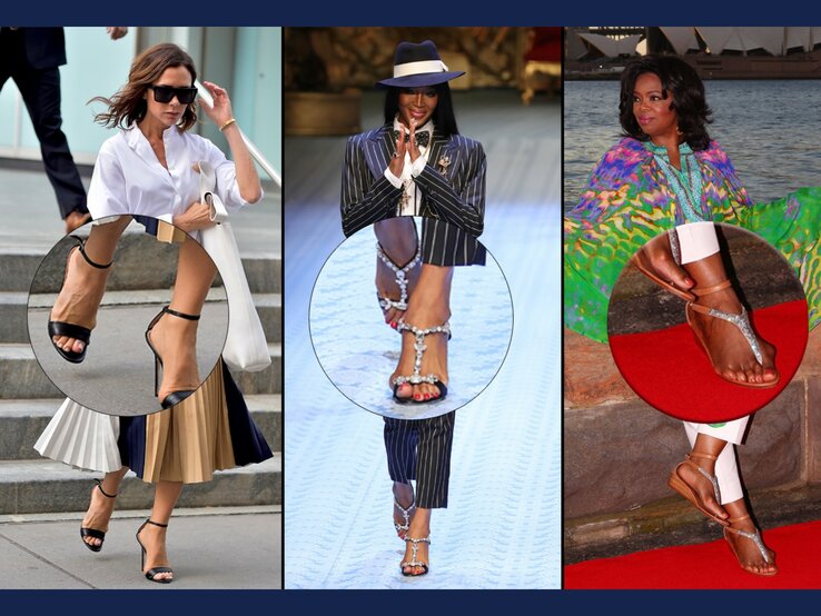 Collage von drei Prominenten, die alle High Heels tragen und möglicherweise unter Hallux valgus leiden. Die Fotos der Prominenten sind in der oberen Hälfte des Bildes zu sehen, während ihre Füße in Vergrößerungen unten hervorgehoben werden.