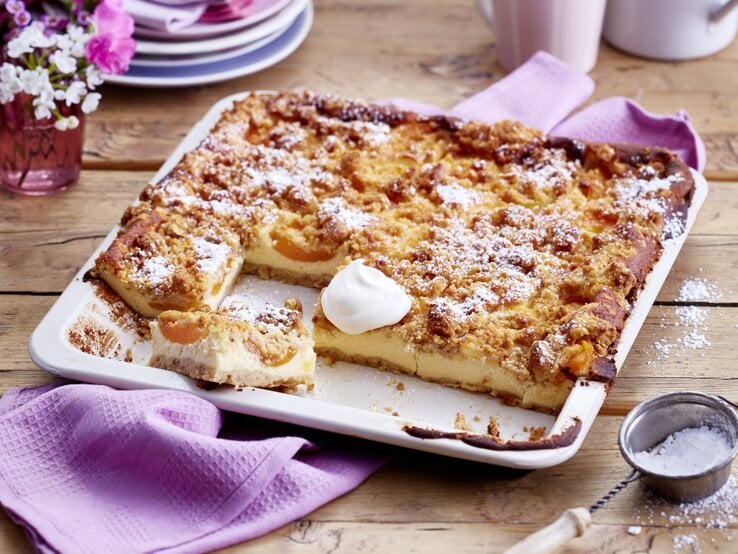 Aprikosen-Schmandkuchen auf einem weißen Backblech auf hölzernem Hintergrund. Links auf dem Foto ein Geschirrtuch und Blumen, rechts Puderzucker.  | © EAT CLUB/Isabell Triemer