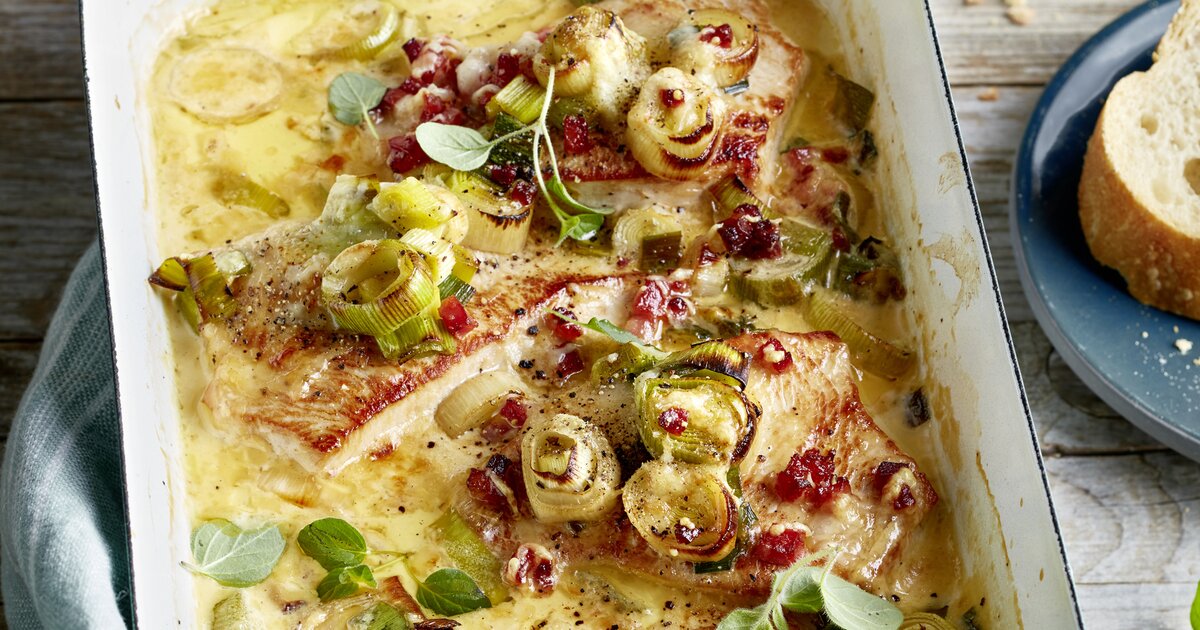 Wohlfühlessen Deluxe: Gratinierte Porree-Schnitzel Wohlfühlessen Deluxe: Gratinierte Porree-Schnitzel