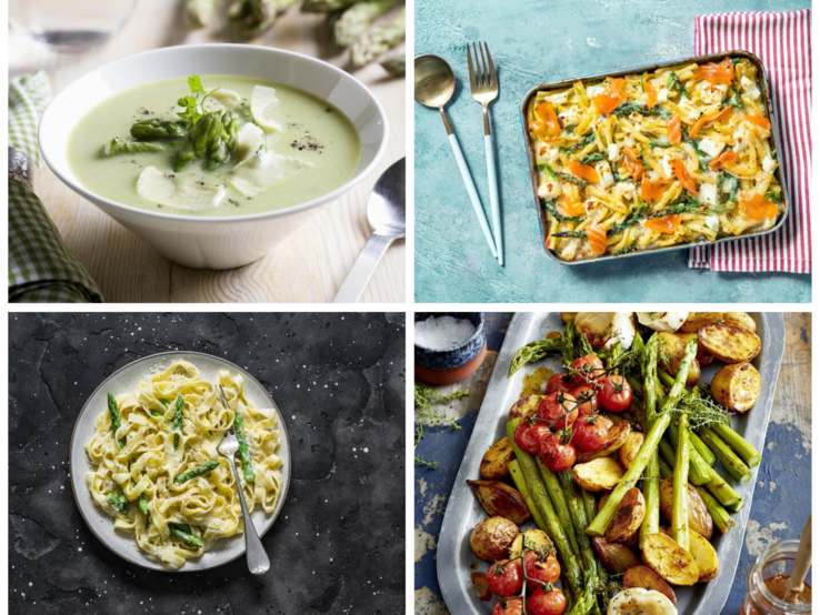 Collage aus mehreren Gerichten mit grünem Spargel