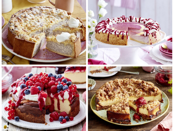 vier verschiedene Käsekuchen in einer Collage