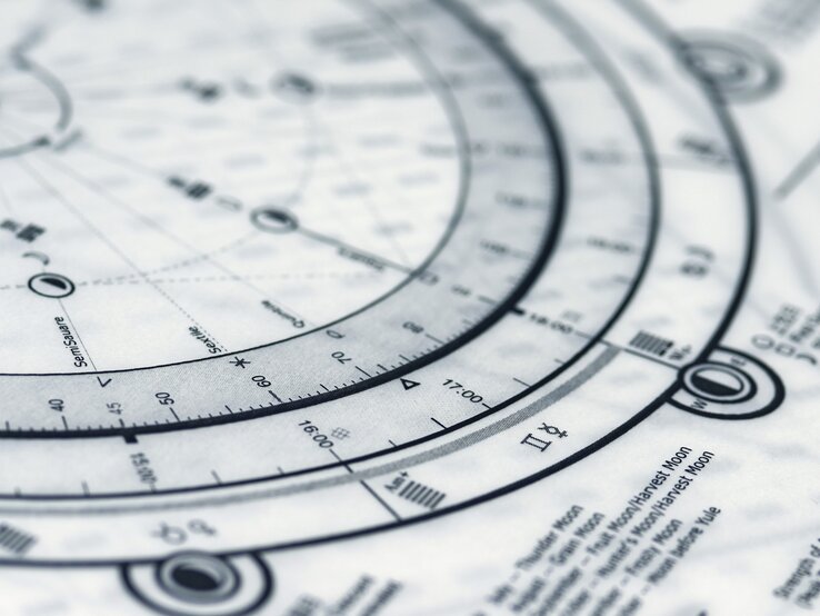 Detailaufnahme eines astrologischen Horoskops mit sichtbaren Aspektlinien, Gradzahlen und astrologischen Symbolen auf einem weißen Hintergrund – Fokus auf Zwillinge-Zeichen und Aspekte wie Semi-Square und Sextil.