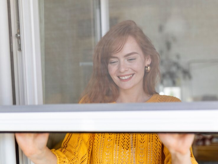 Insektenschutz Lidl Fenster Eine junge Frau mit roten Haaren und goldenen Ohrringen lächelt beim Fensteröffnen in einem hellen, gemütlichen Raum.