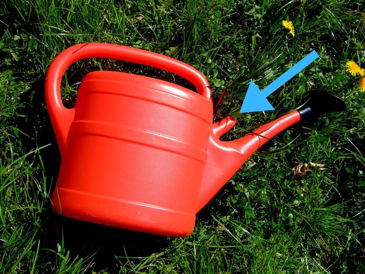 Rote Gießkanneliegt auf der Wiese