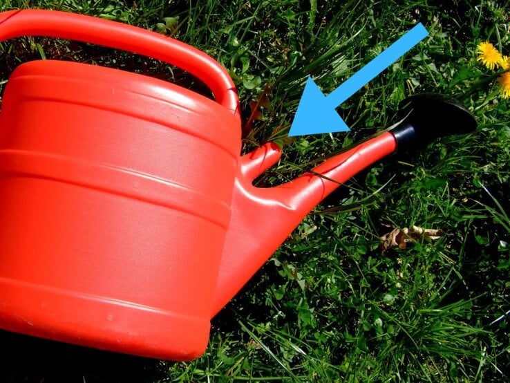 Rote Gießkanneliegt auf der Wiese