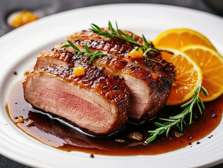Zwei rosafarbene Entenbrustscheiben mit knuspriger Kruste liegen in Orangensauce neben frischen Orangenscheiben und Rosmarin.