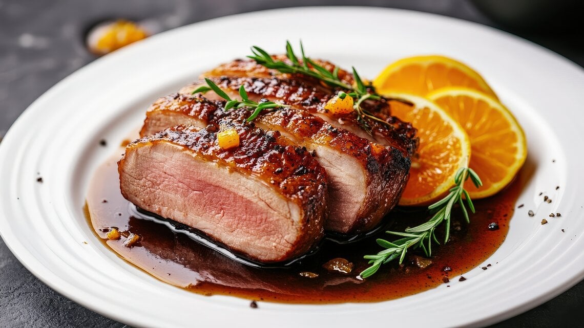 Zwei rosafarbene Entenbrustscheiben mit knuspriger Kruste liegen in Orangensauce neben frischen Orangenscheiben und Rosmarin.