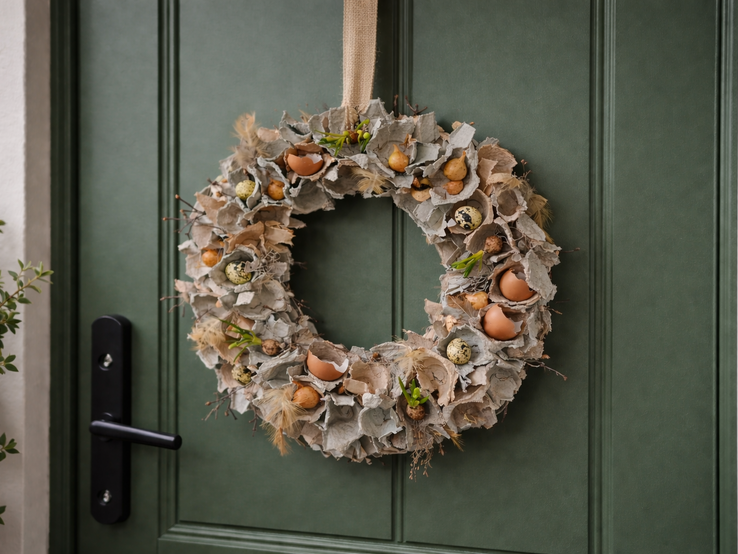 Handgemachter Osterkranz aus Eierkartonstücken mit Federn, kleinen Eiern und Eierschalen hängt an breitem Band vor grüner Tür.