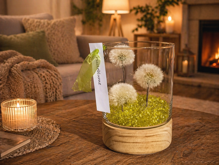 Glasgefäß mit Pusteblumen in gelben Gelperlen auf Holztisch, daneben Kerze, Sofa und Kamin sorgen für warme, gemütliche Stimmung.